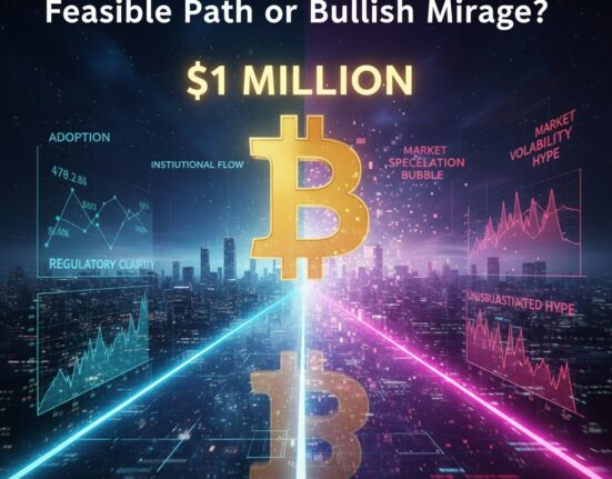 A golden Bitcoin symbol hovers above a futuristic cityscape, bisected by blue and pink data streams and charts representing factors for and against its $1 million price target, under the headline "Bitcoin's $1 Million Price Target: Feasible Path or Bullish Mirage?"