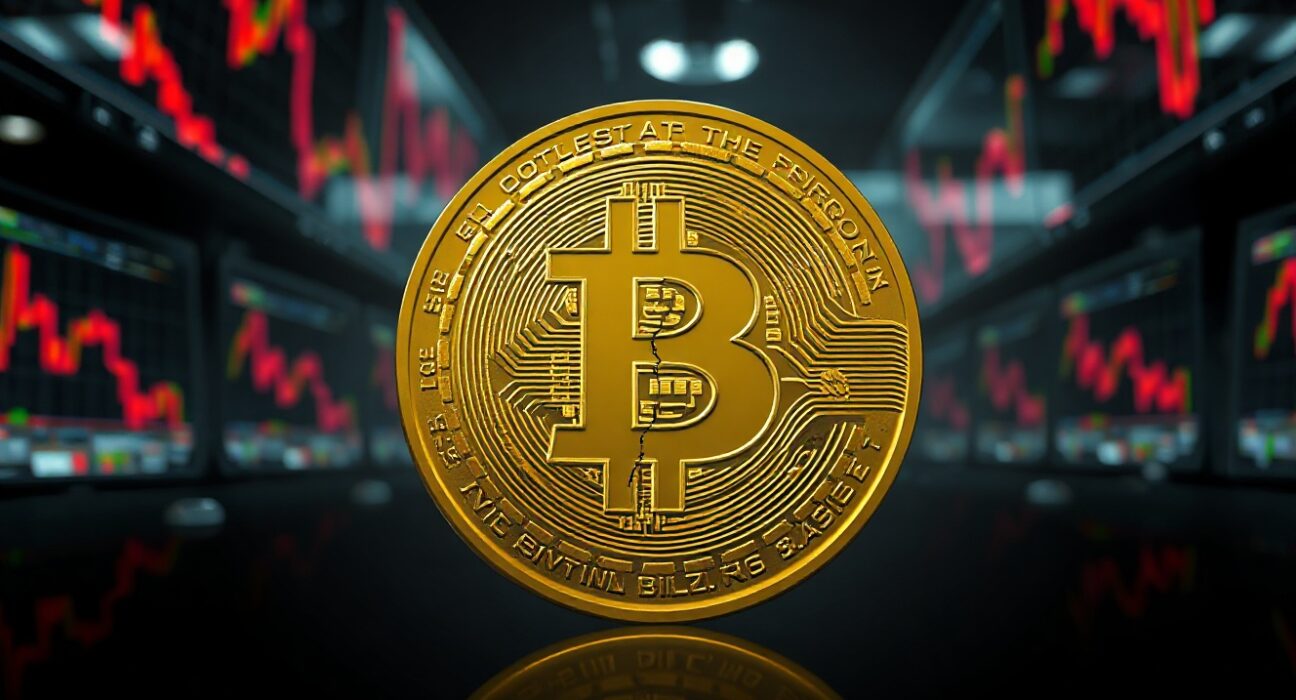 Bitcoin coin with crack on dark trading floor background with red charts