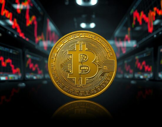 Bitcoin coin with crack on dark trading floor background with red charts