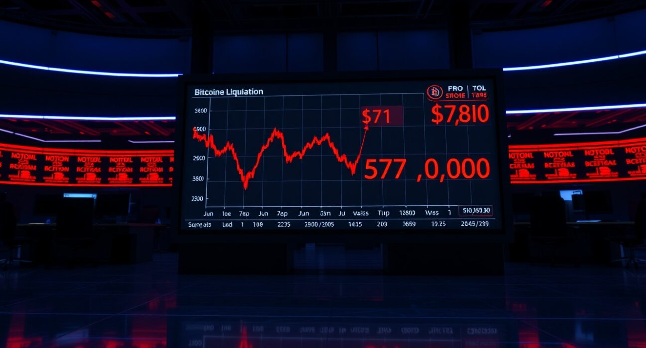 Bitcoin price chart showing risk of liquidation below $78,000 on a trading floor display