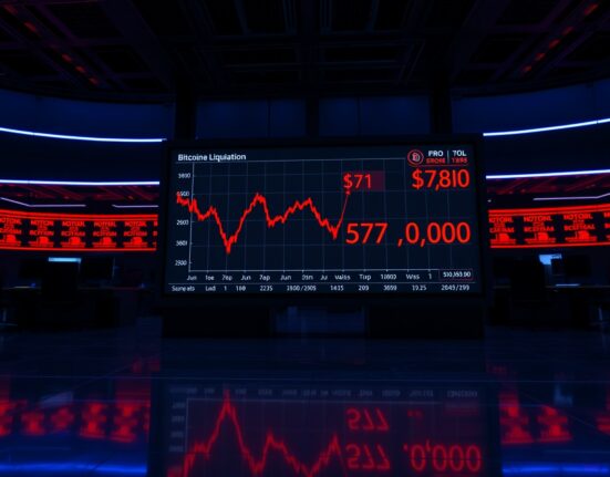 Bitcoin price chart showing risk of liquidation below $78,000 on a trading floor display