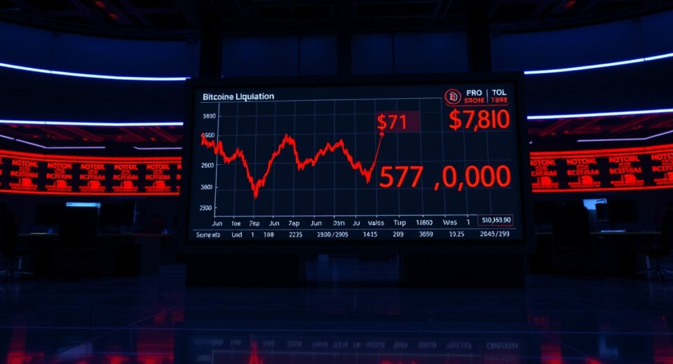 Bitcoin price chart showing risk of liquidation below $78,000 on a trading floor display