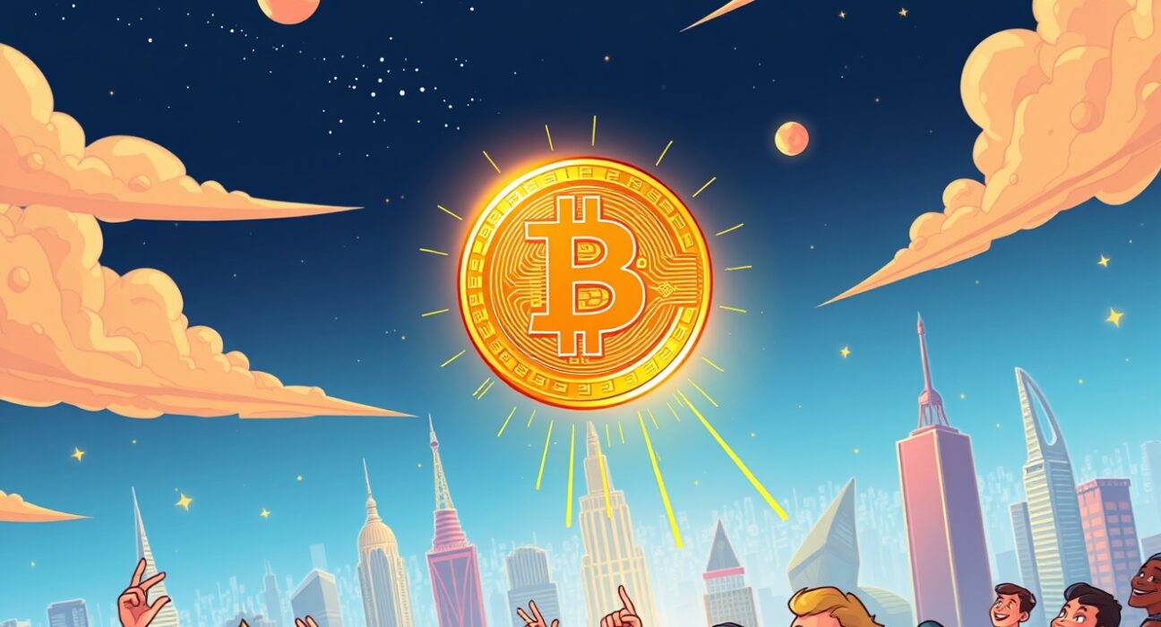Cartoon illustration depicting the hopeful future of Bitcoin $1 Million, with a digital gold coin ascending triumphantly above a crowd.