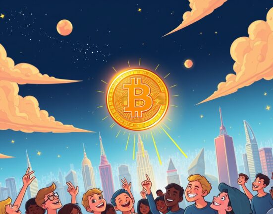 Cartoon illustration depicting the hopeful future of Bitcoin $1 Million, with a digital gold coin ascending triumphantly above a crowd.