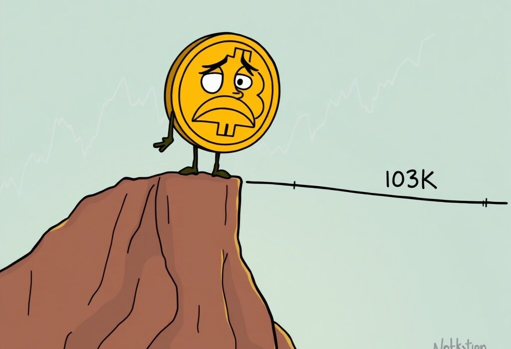 A cartoon Bitcoin character precariously balanced on the 100-day EMA, highlighting the critical support for Bitcoin price prediction.