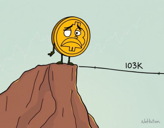 A cartoon Bitcoin character precariously balanced on the 100-day EMA, highlighting the critical support for Bitcoin price prediction.