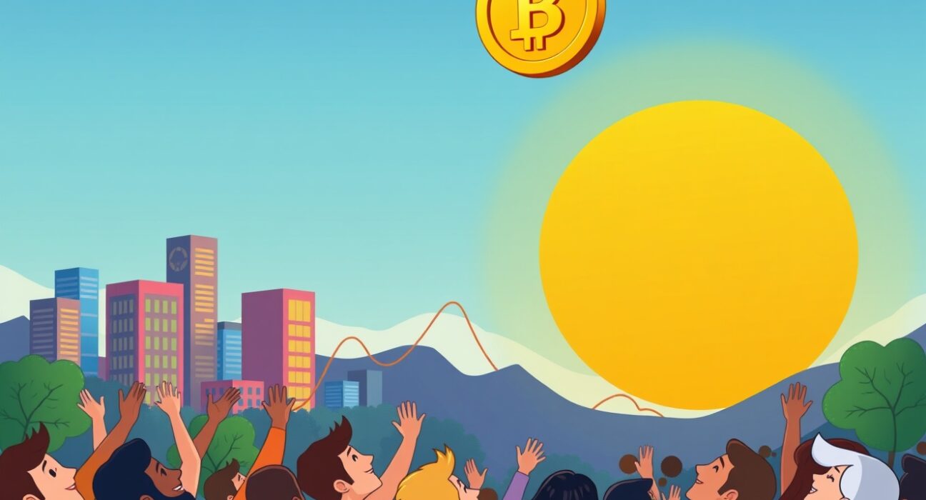 A Bitcoin $100,000 milestone represented by a triumphant Bitcoin soaring over a vibrant crypto market landscape.