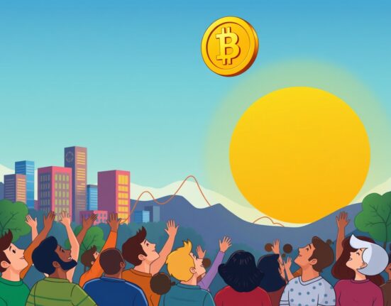 A Bitcoin $100,000 milestone represented by a triumphant Bitcoin soaring over a vibrant crypto market landscape.