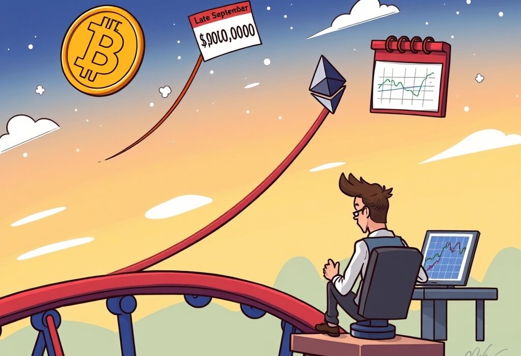 Cartoon showing Bitcoin heading to $100K and Ethereum to $4K by late September, reflecting analyst predictions despite market volatility.