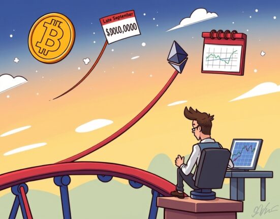 Cartoon showing Bitcoin heading to $100K and Ethereum to $4K by late September, reflecting analyst predictions despite market volatility.