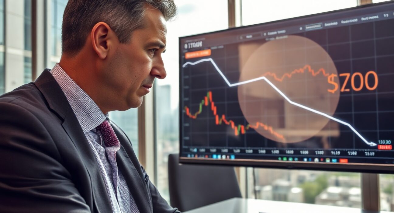 Fund manager analyzing Bitcoin price chart in modern office setting