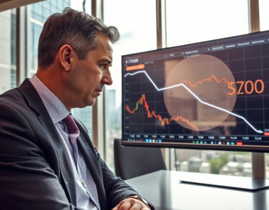 Fund manager analyzing Bitcoin price chart in modern office setting