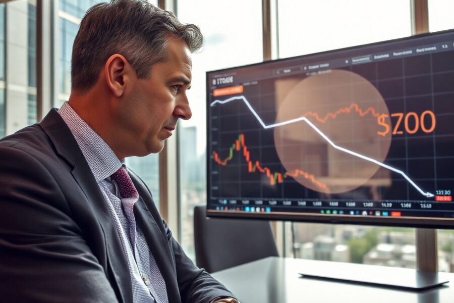 Fund manager analyzing Bitcoin price chart in modern office setting