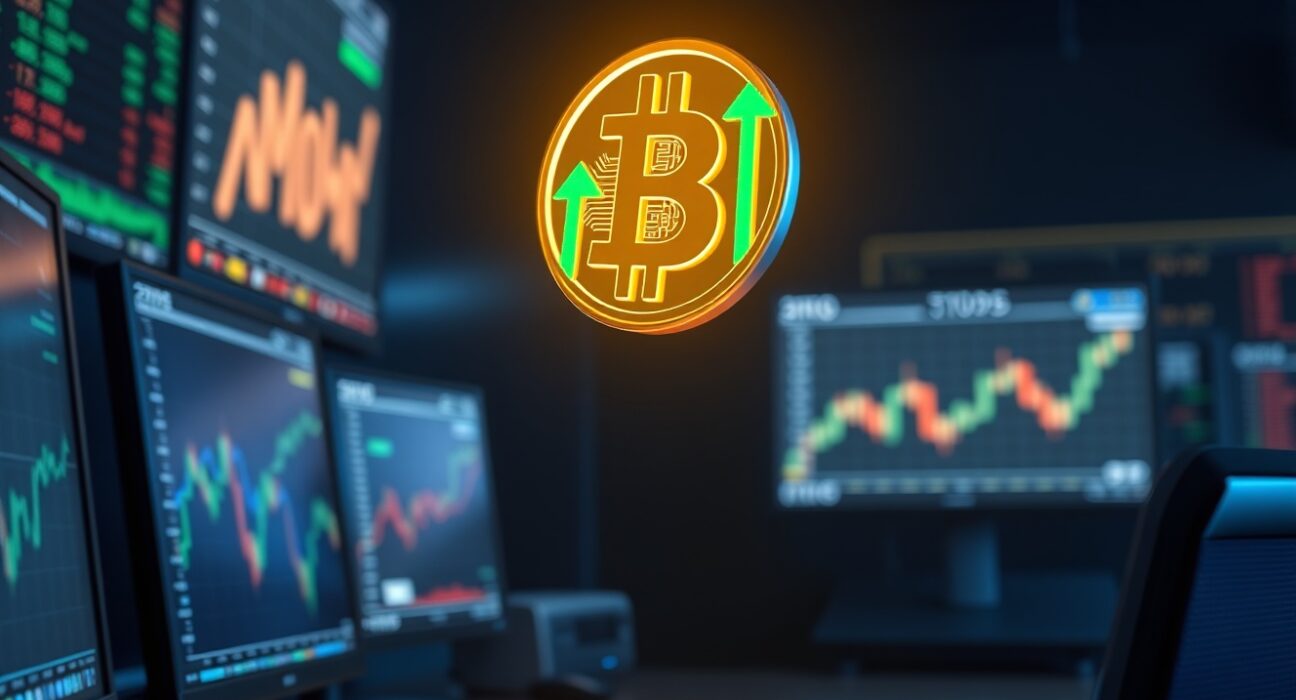Bitcoin coin glowing above financial trading screens with upward price charts, illustrating the $100K narrative analysis.