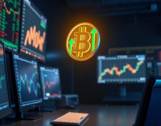 Bitcoin coin glowing above financial trading screens with upward price charts, illustrating the $100K narrative analysis.