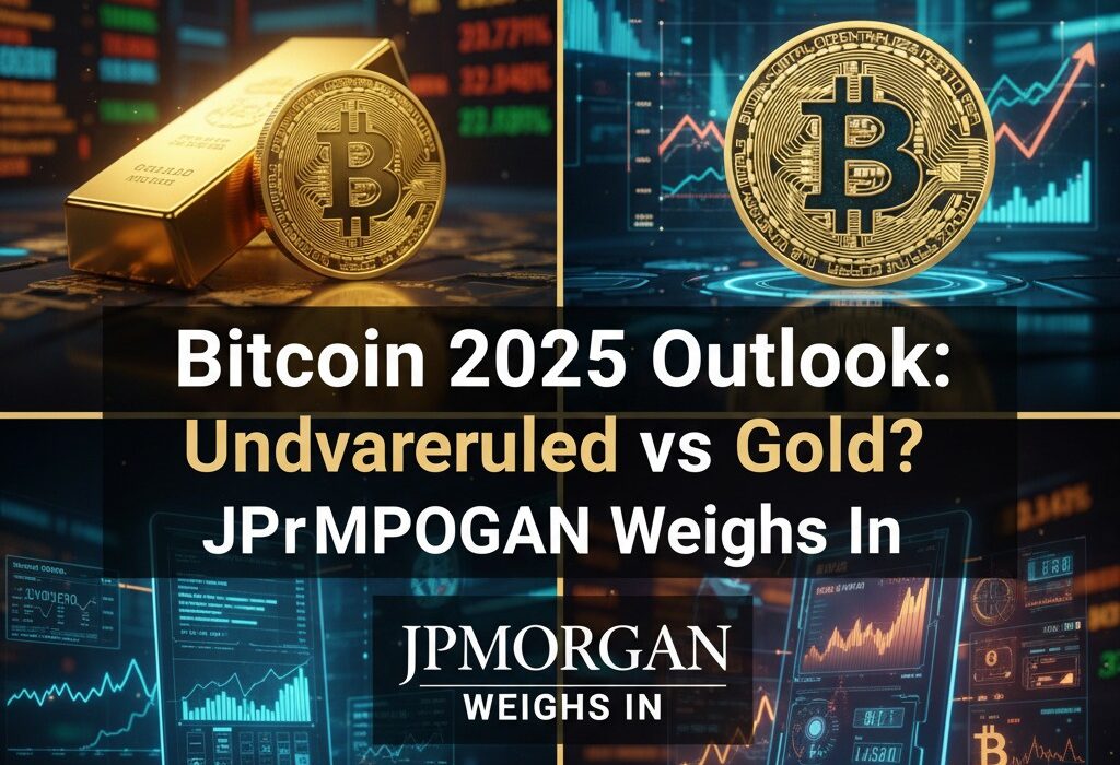 A divided image comparing gold and Bitcoin. The top left shows a gold bar and a Bitcoin coin labeled "GOLD." The top right shows a Bitcoin coin over digital charts labeled "BITCOIN." The center text reads "Bitcoin 2025 Outlook: Undvareruled vs Gold? JPMorgan Weighs In." The bottom section features futuristic digital interfaces with charts and the "JPMORGAN WEIGHS IN" logo.