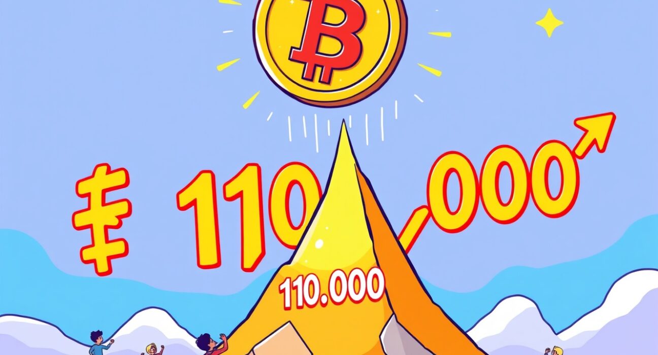 Cartoon illustration of Bitcoin $110,000 price breaking a new barrier, symbolizing a significant market rally and investor excitement.