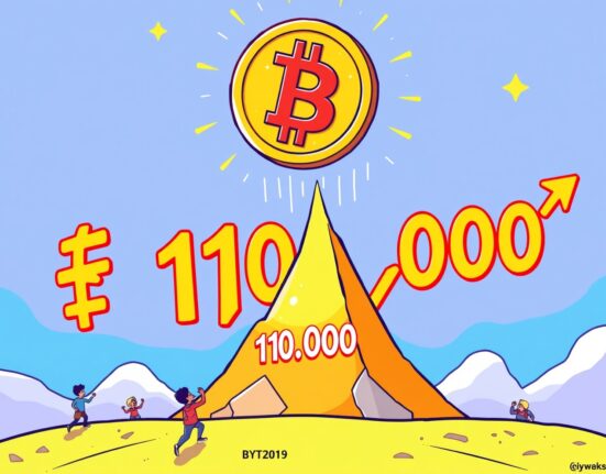 Cartoon illustration of Bitcoin $110,000 price breaking a new barrier, symbolizing a significant market rally and investor excitement.