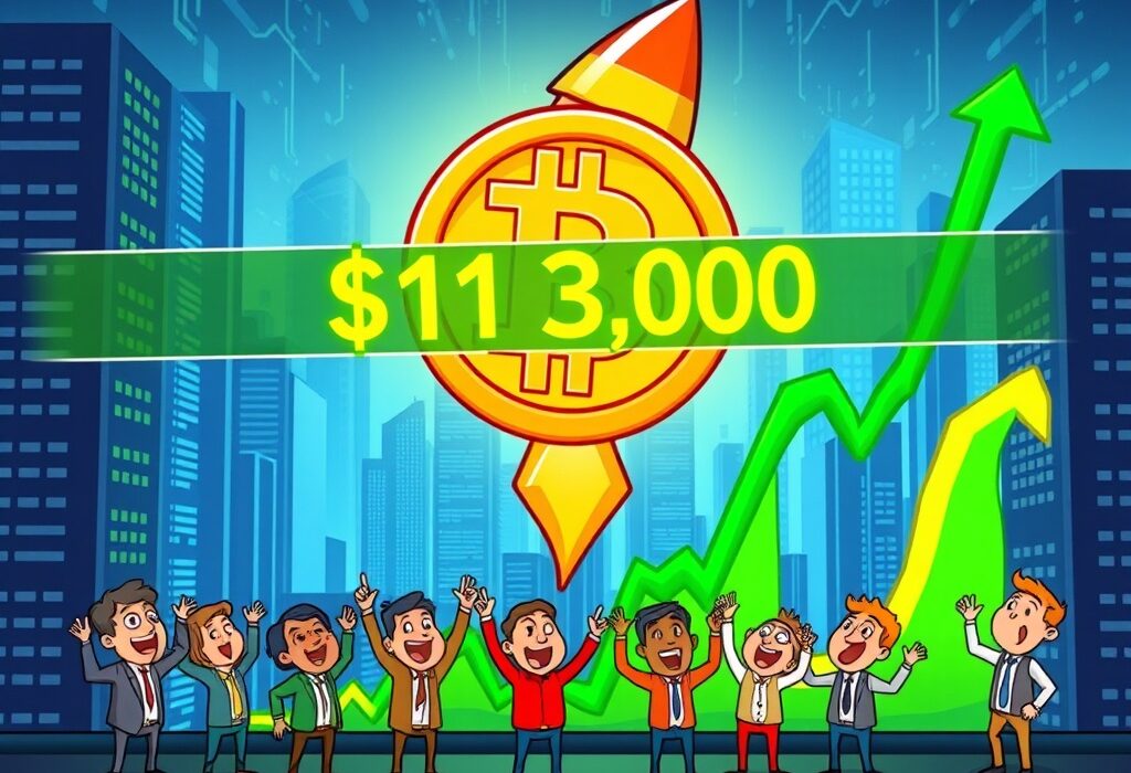 A cartoon rocket-shaped Bitcoin breaking the $113,000 price level, symbolizing the significant Bitcoin $113,000 market rally.