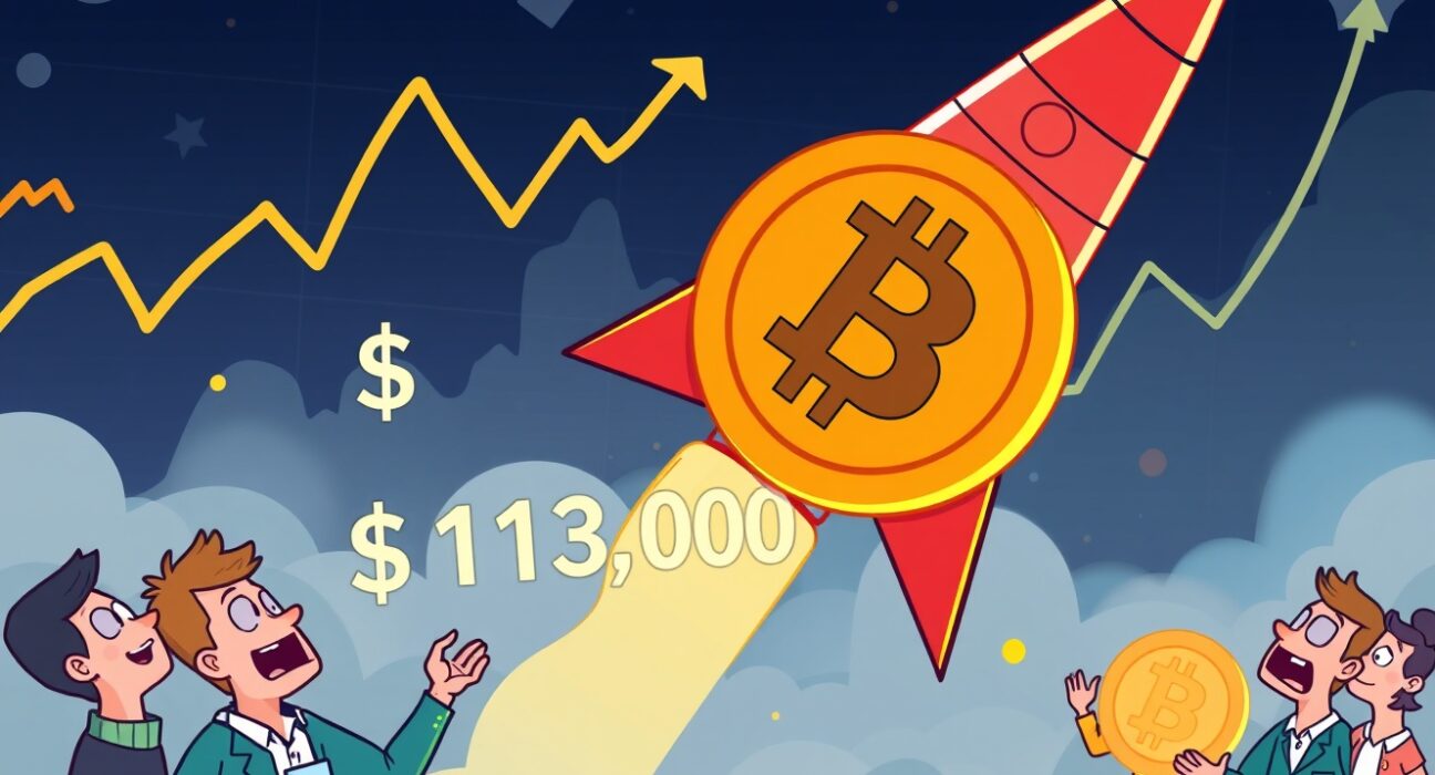 A soaring Bitcoin symbol passing the $113,000 mark, illustrating the significant price surge of Bitcoin $113,000.