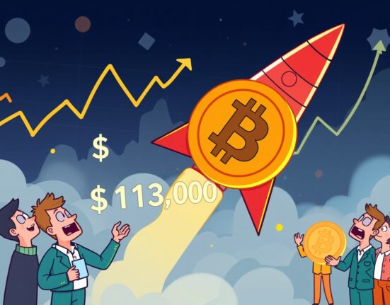 A soaring Bitcoin symbol passing the $113,000 mark, illustrating the significant price surge of Bitcoin $113,000.