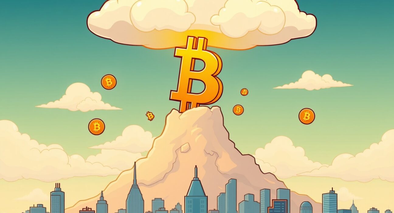 A cartoon illustration showing Bitcoin $113,000 breaking through resistance, symbolizing its impressive price surge.