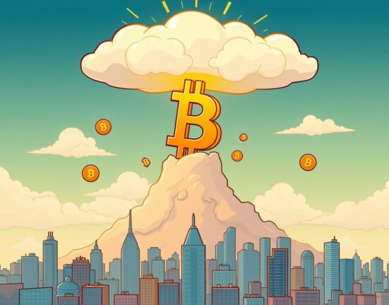 A cartoon illustration showing Bitcoin $113,000 breaking through resistance, symbolizing its impressive price surge.
