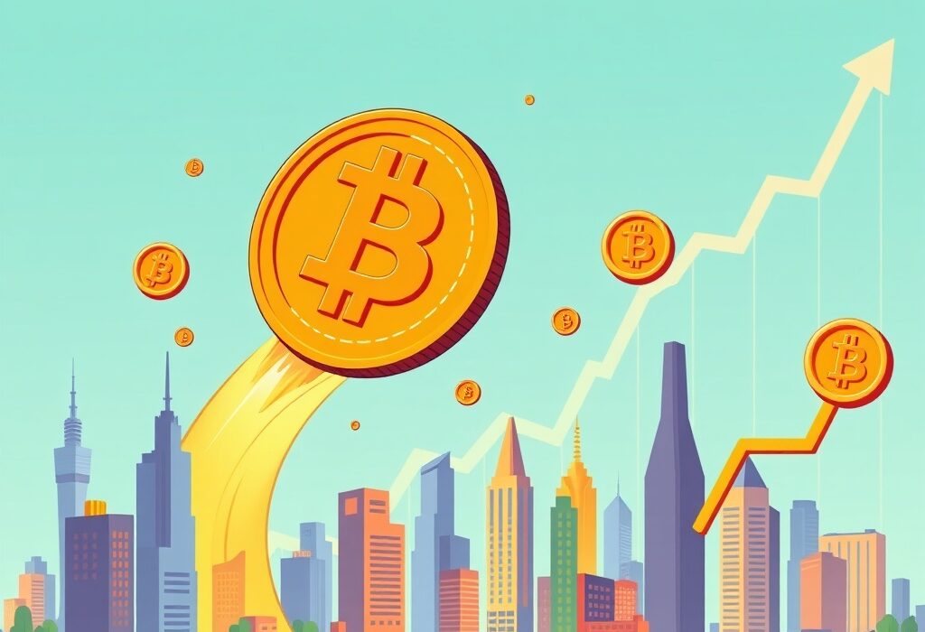 A cartoon illustration showing Bitcoin's price reaching $115,000, symbolizing a significant market rally and growth.