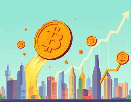 A cartoon illustration showing Bitcoin's price reaching $115,000, symbolizing a significant market rally and growth.