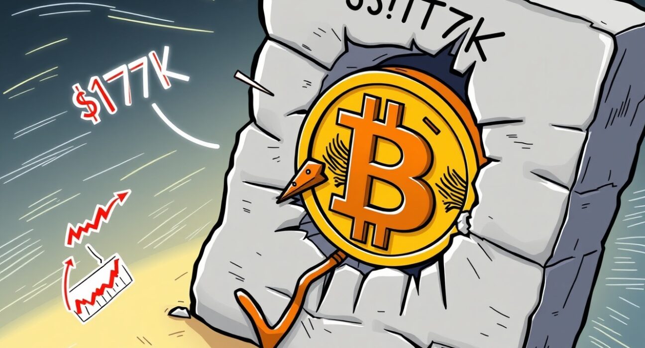 A cartoon Bitcoin symbol pushing against a '$117K' resistance wall, illustrating the challenge of a potential Bitcoin $117K Resistance break.