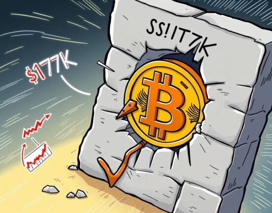 A cartoon Bitcoin symbol pushing against a '$117K' resistance wall, illustrating the challenge of a potential Bitcoin $117K Resistance break.