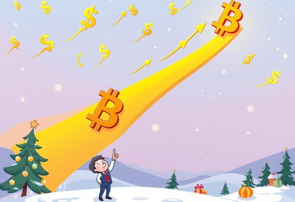 A cartoon analyst excitedly points at a soaring Bitcoin symbol, conveying the potential for Bitcoin $160K by year-end.