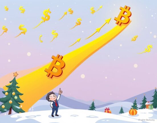 A cartoon analyst excitedly points at a soaring Bitcoin symbol, conveying the potential for Bitcoin $160K by year-end.