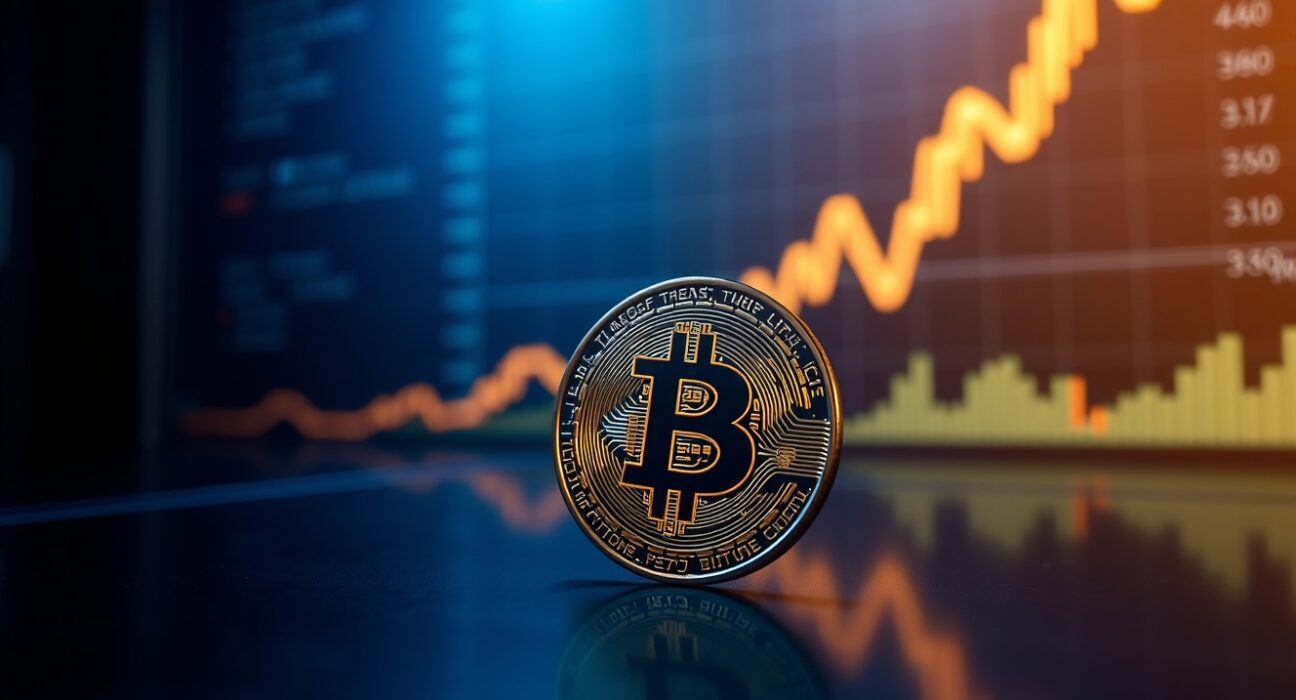 Bitcoin coin with a glowing upward chart line in a dark trading room, representing market volatility.
