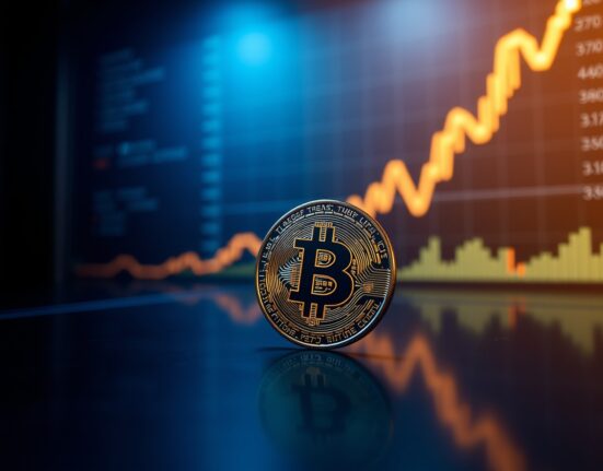 Bitcoin coin with a glowing upward chart line in a dark trading room, representing market volatility.