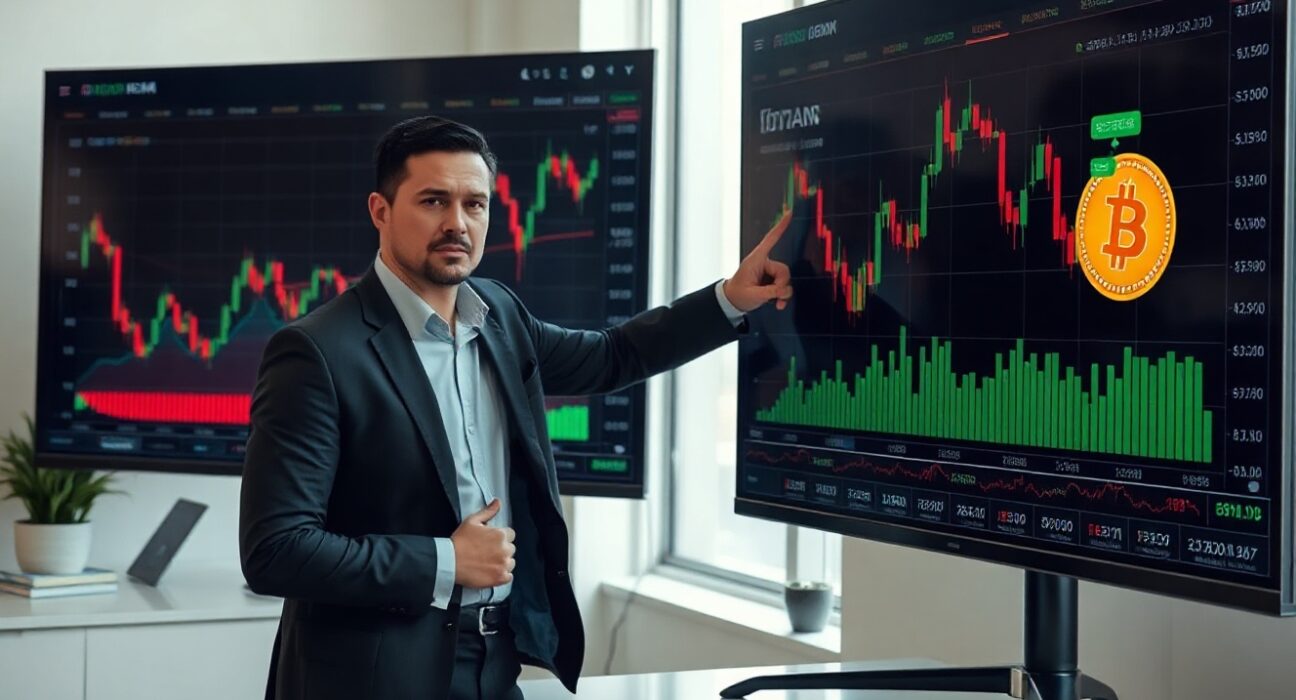 Financial analyst reviewing Bitcoin price charts on a large screen in a modern office
