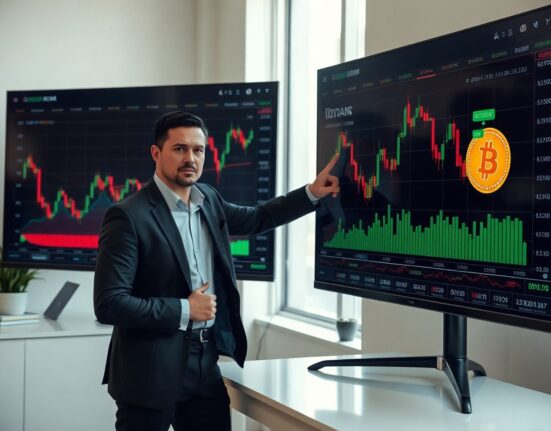 Financial analyst reviewing Bitcoin price charts on a large screen in a modern office