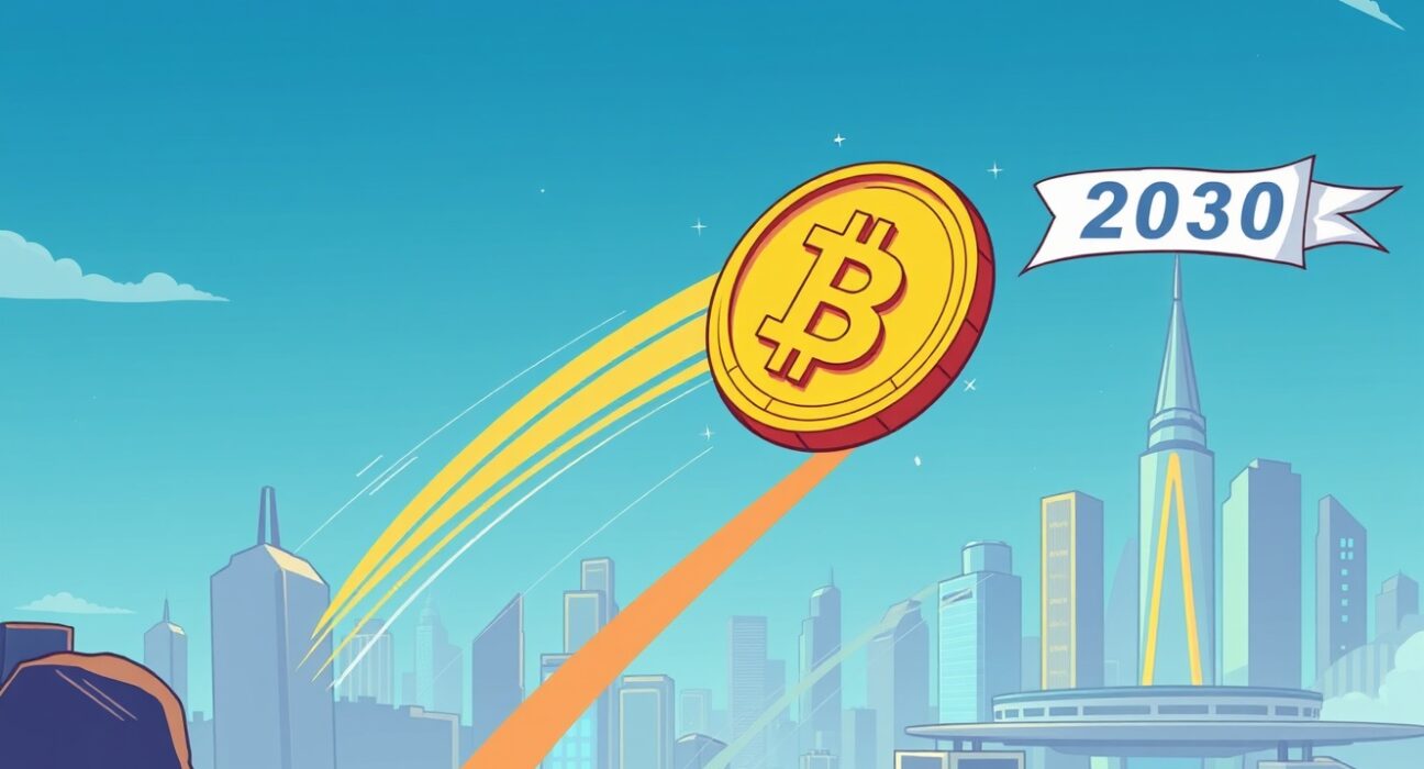 A cartoon Bitcoin coin flying towards a futuristic city, symbolizing the prediction of Bitcoin $1M by 2030.