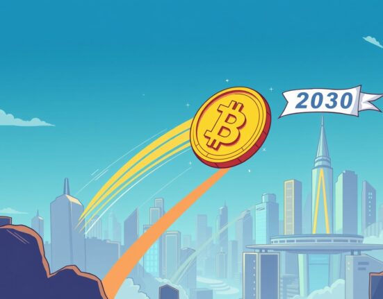 A cartoon Bitcoin coin flying towards a futuristic city, symbolizing the prediction of Bitcoin $1M by 2030.