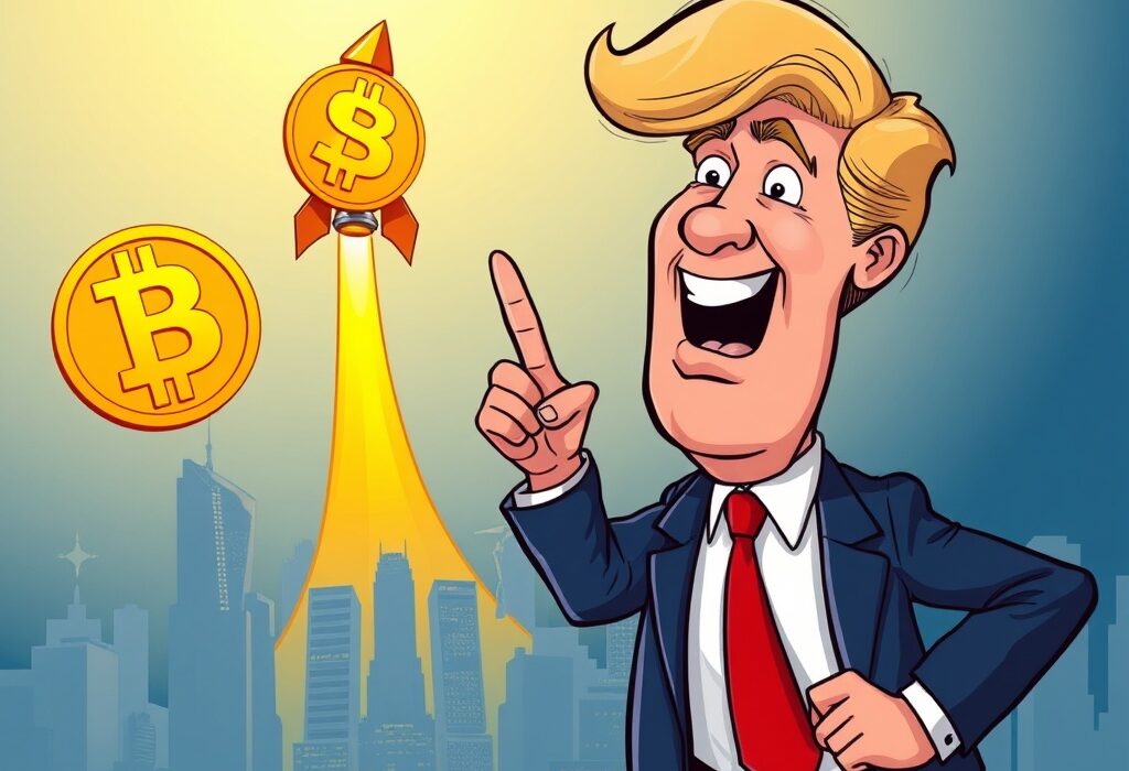 A cartoon illustration depicting Eric Trump pointing towards a soaring Bitcoin rocket, symbolizing the Bitcoin $1M prediction.