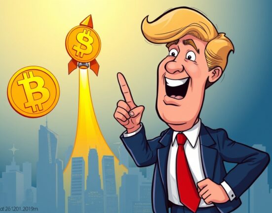 A cartoon illustration depicting Eric Trump pointing towards a soaring Bitcoin rocket, symbolizing the Bitcoin $1M prediction.