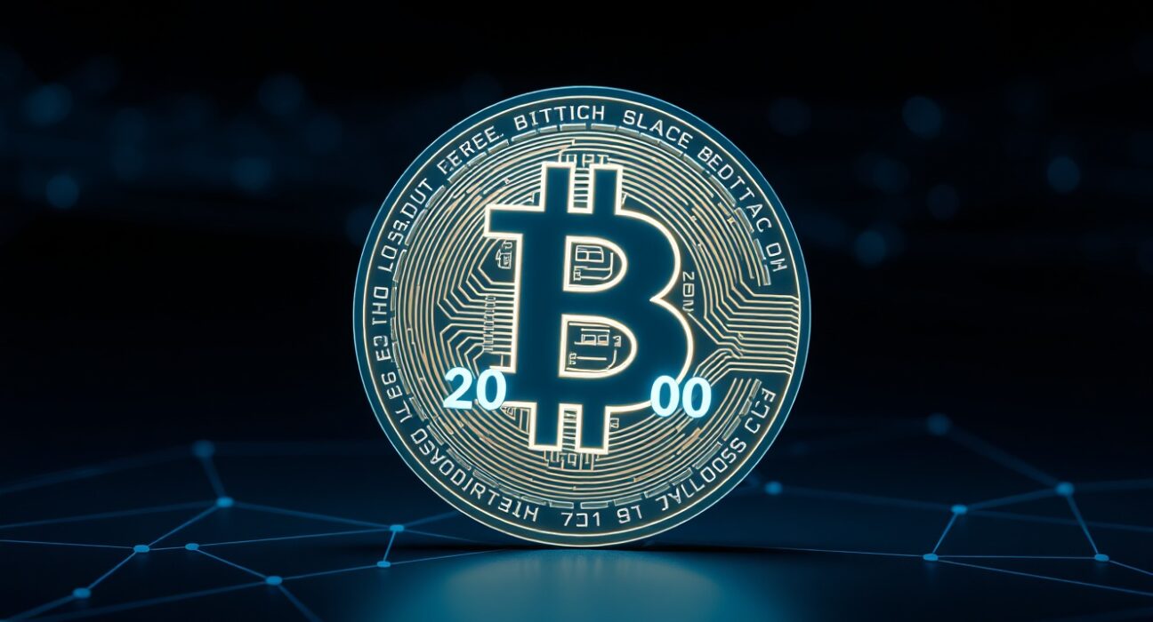 The historic 20 millionth Bitcoin milestone represented as a digital coin.