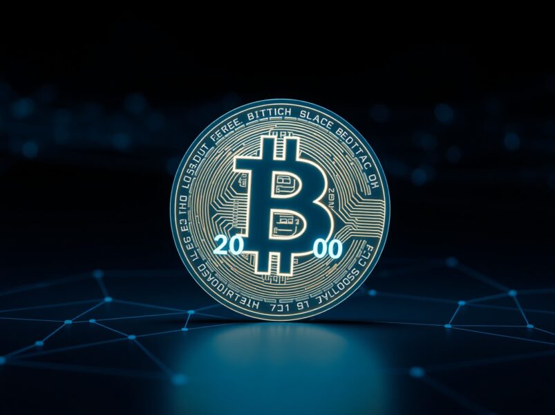 The historic 20 millionth Bitcoin milestone represented as a digital coin.