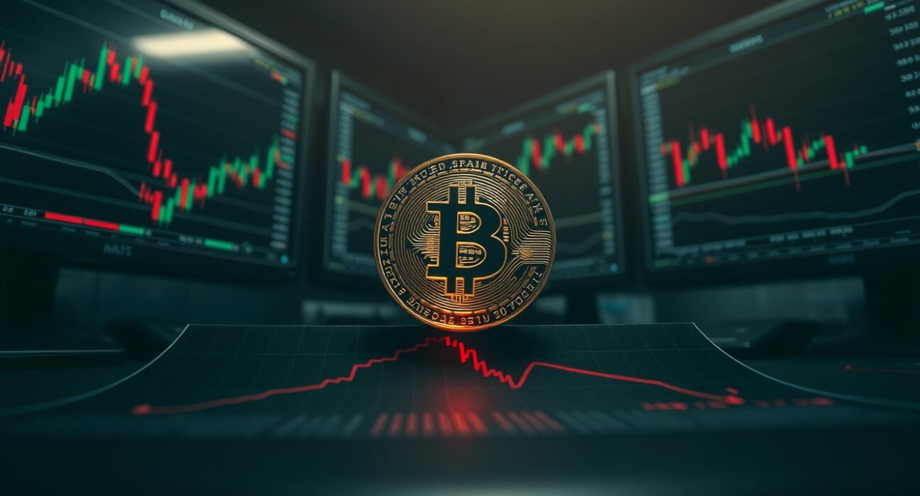 Bitcoin coin on a technical analysis chart showing a downward trend and moving average rejection.