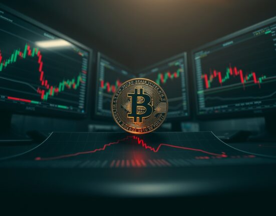 Bitcoin coin on a technical analysis chart showing a downward trend and moving average rejection.