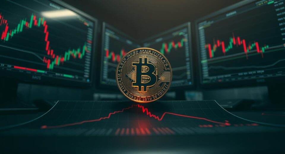 Bitcoin coin on a technical analysis chart showing a downward trend and moving average rejection.