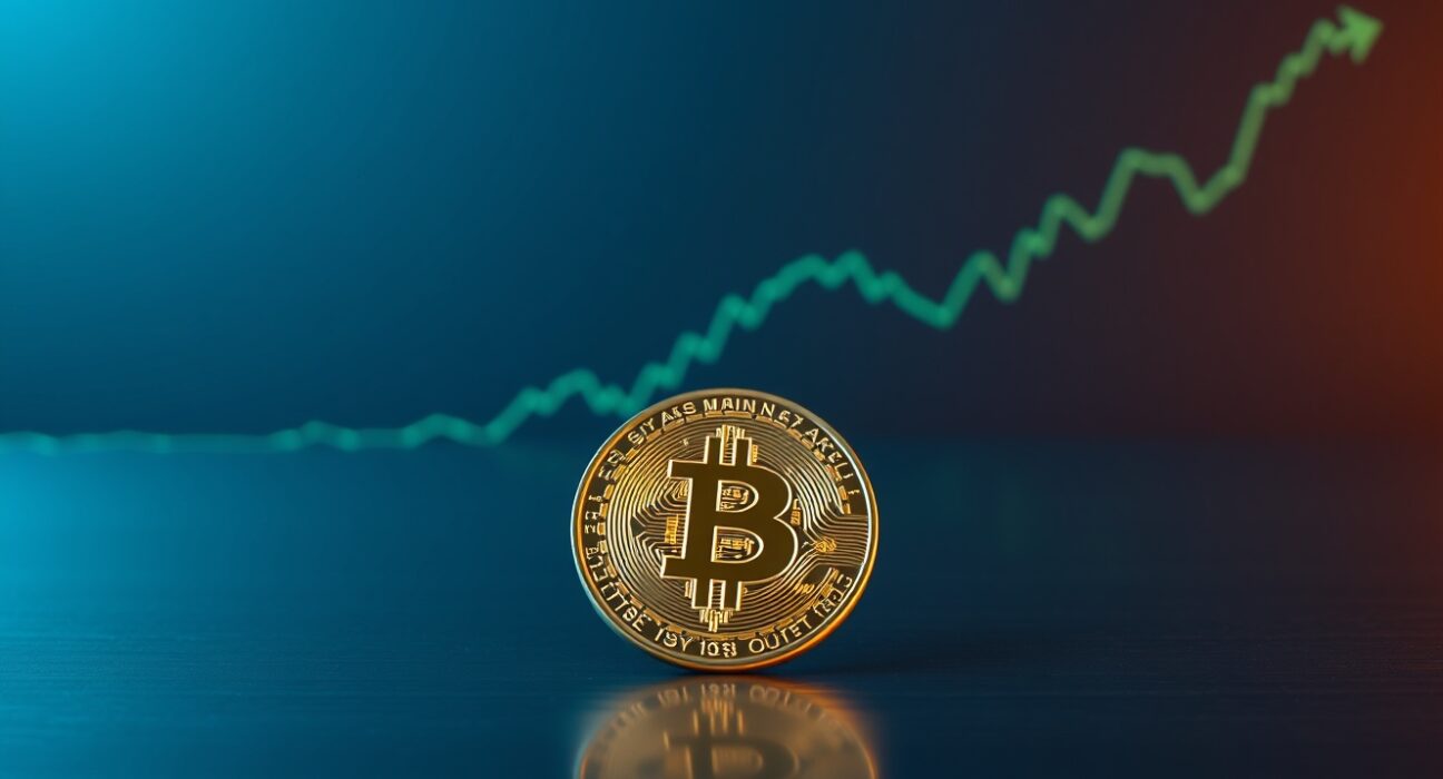 Bitcoin coin on a surface with a green upward-trending chart line representing the 200-day moving average breakout.