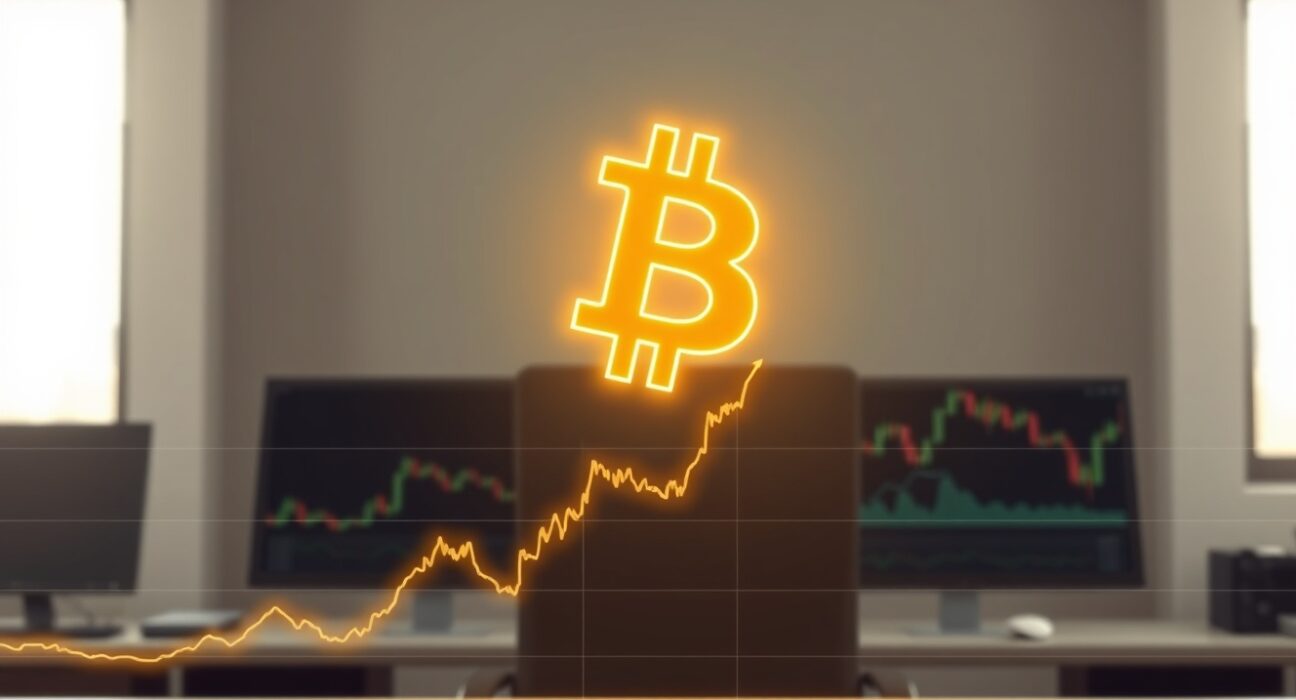 Bitcoin symbol above ascending support line representing the 200-week moving average milestone