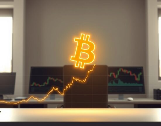 Bitcoin symbol above ascending support line representing the 200-week moving average milestone