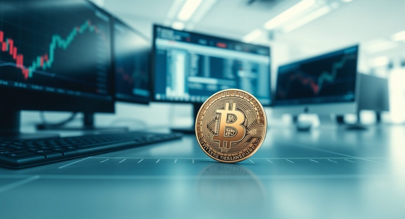 Bitcoin coin on a trading desk with monitors showing price charts and moving averages